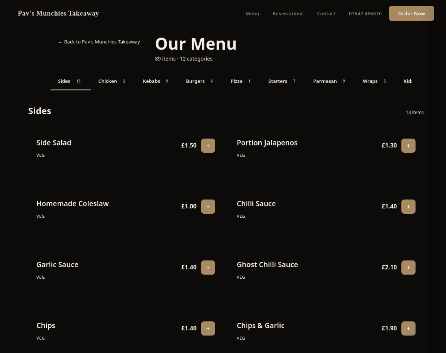 The live restaurant ordering menu with categories, prices and add-to-order controls